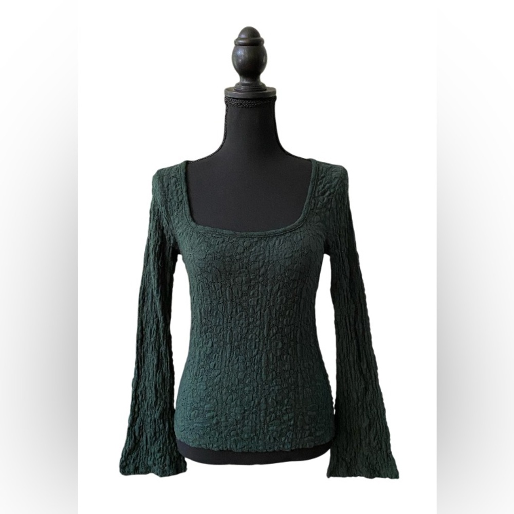 Old Navy: Forest Green Stretchy Textured Women's Blouse with Flared Sleeves